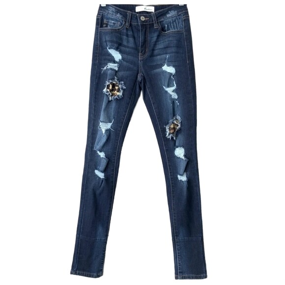 KanCan Skinny Jeans Animal Print Patch Distressed Blue 25 - Picture 2 of 10